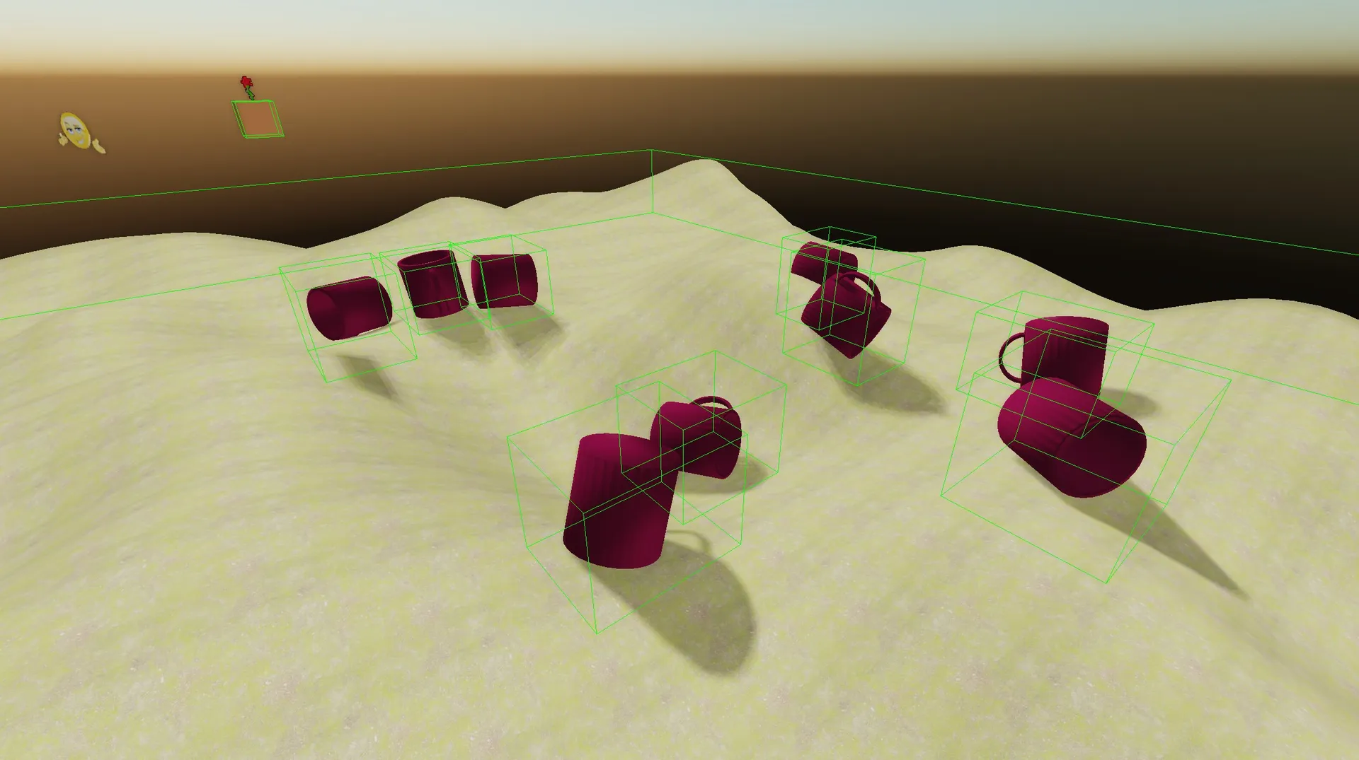 An example of axis-aligned bounding boxes (AABB), used for culling GameObjects.