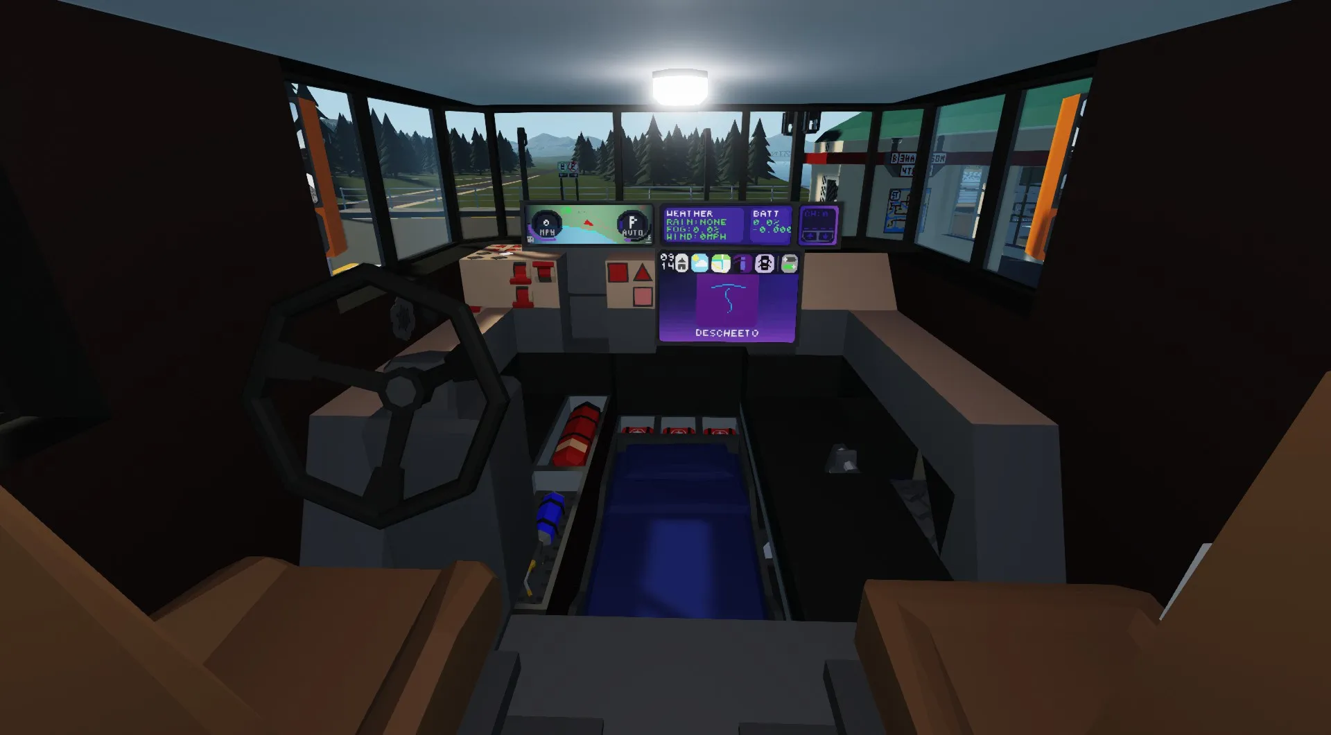 The driver seat of the Descheeto, featuring the new slide-out design and the SenCar 5 dashboard