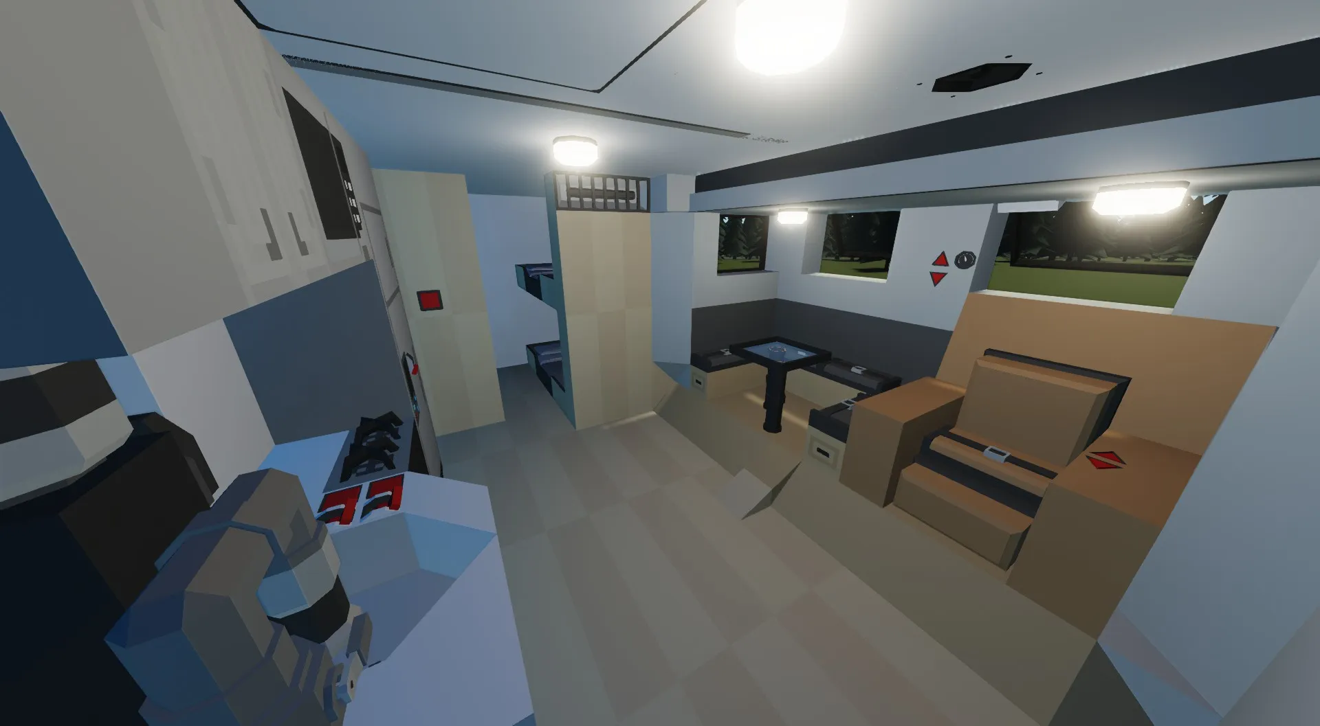 The interior of the Horizon 80, showing the dinette slideout and the kitchen area