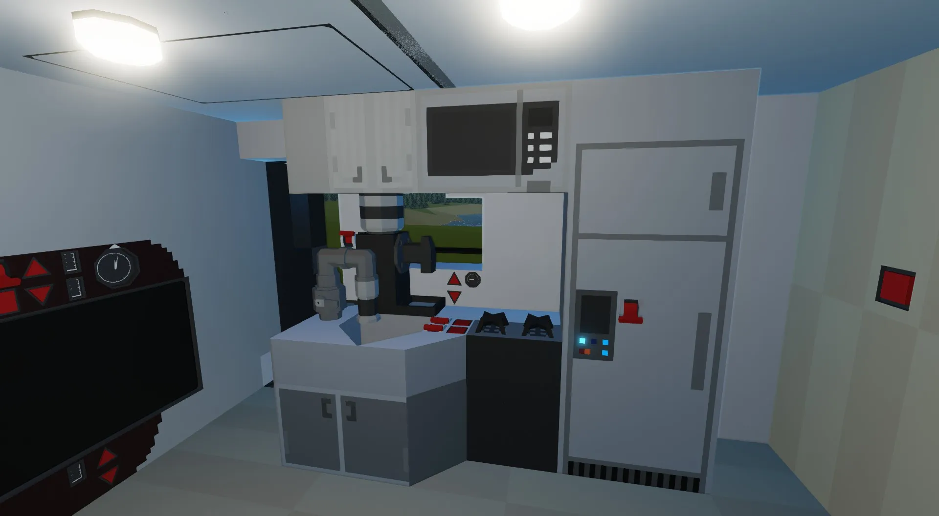 The kitchen area of the Horizon 80, showing the appliances and storage options