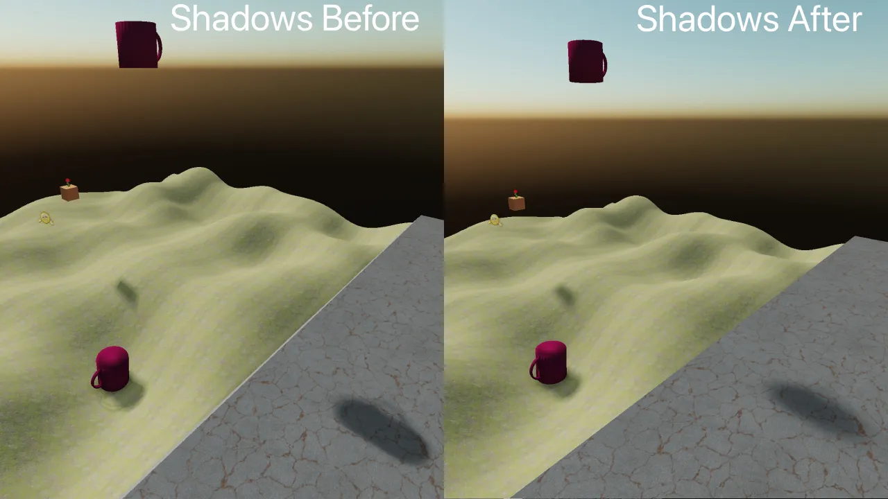 Shadows, before and after. The before image on the left has sharp shadows, while the right image has more realistic softer shadows.