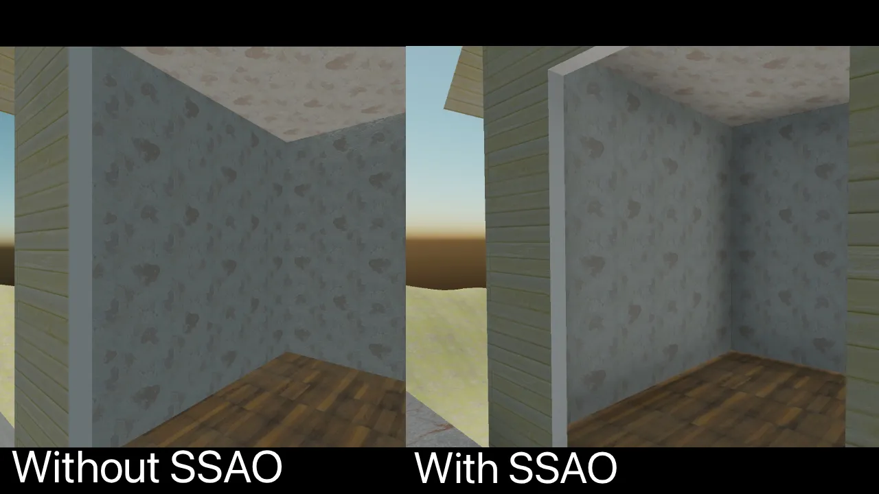 Without and With SSAO, both images showing a house. The "with" image shows the corners of walls having slightly darker lighting, which is more realistic.