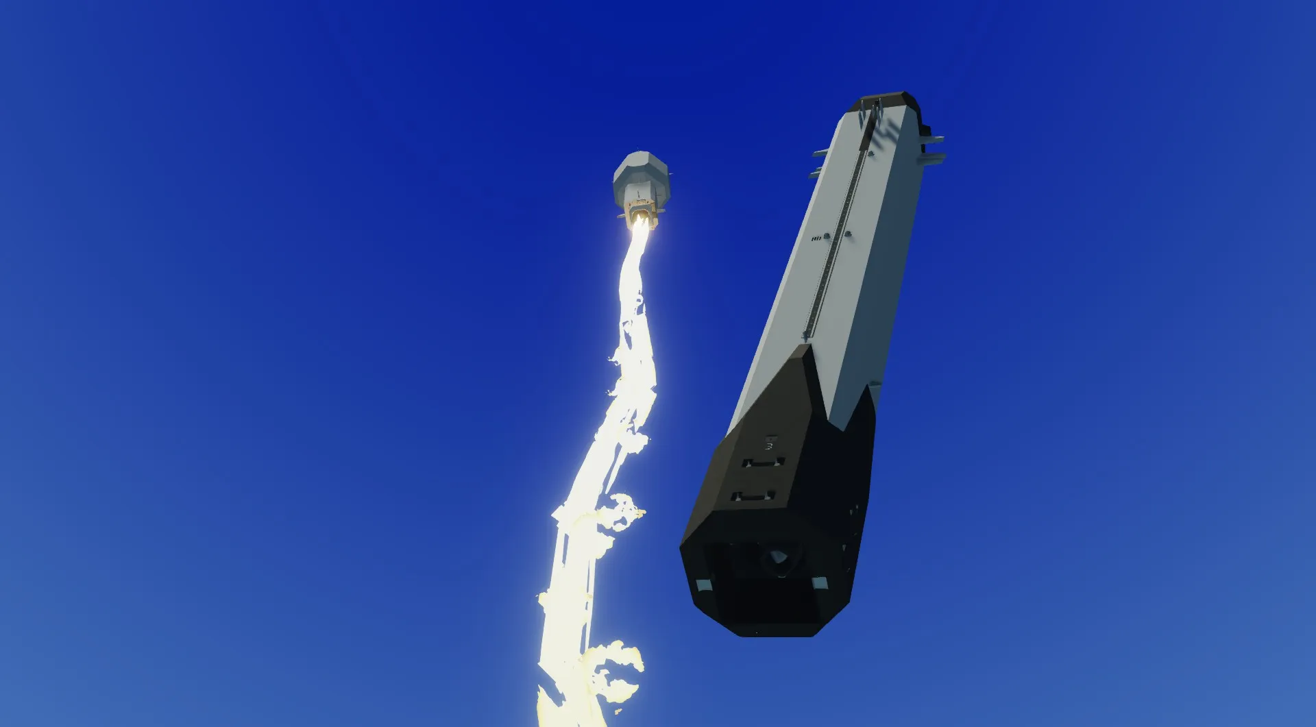 External cinematic view of SWRT 11 during stage separation in flight.