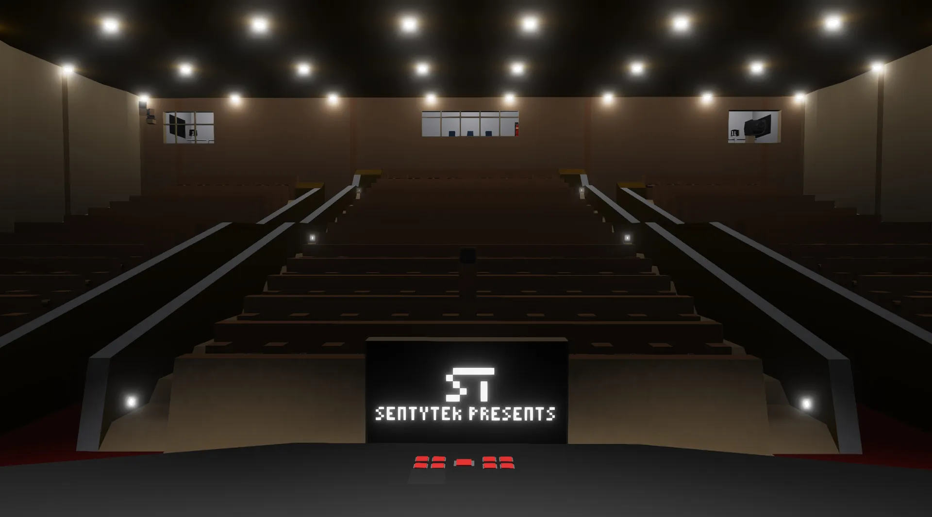 The view from the stage of the SentyTek Theater, looking out at the audience and the tech booth.