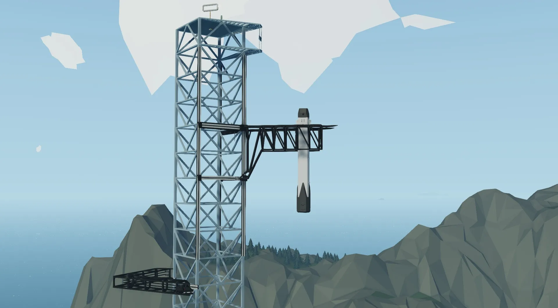 SWRT 11 booster being caught by a Starship launch tower.