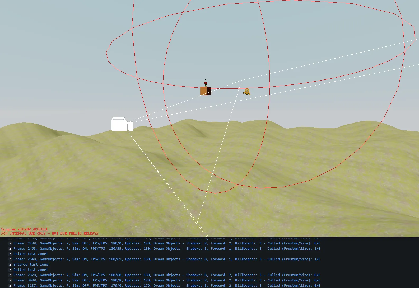 Example of Zones. The "Exited/Entered Zone" debug texts in the console show when the player enters or leaves the zone. The red sphere is the zone area itself.